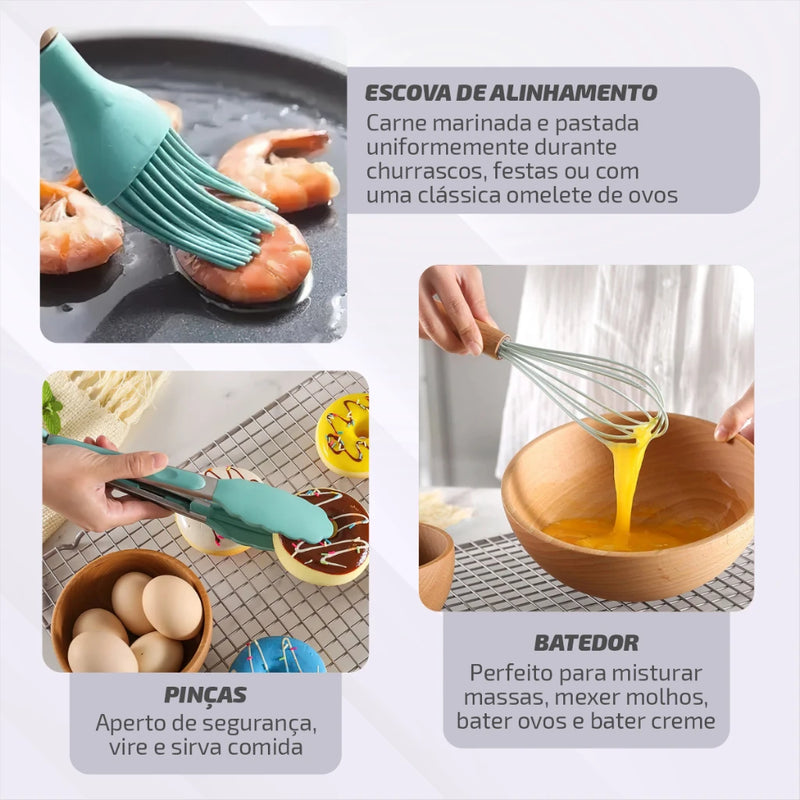 Conjunto de 11 Utensílios de Cozinha em Silicone e Madeira – EVREN