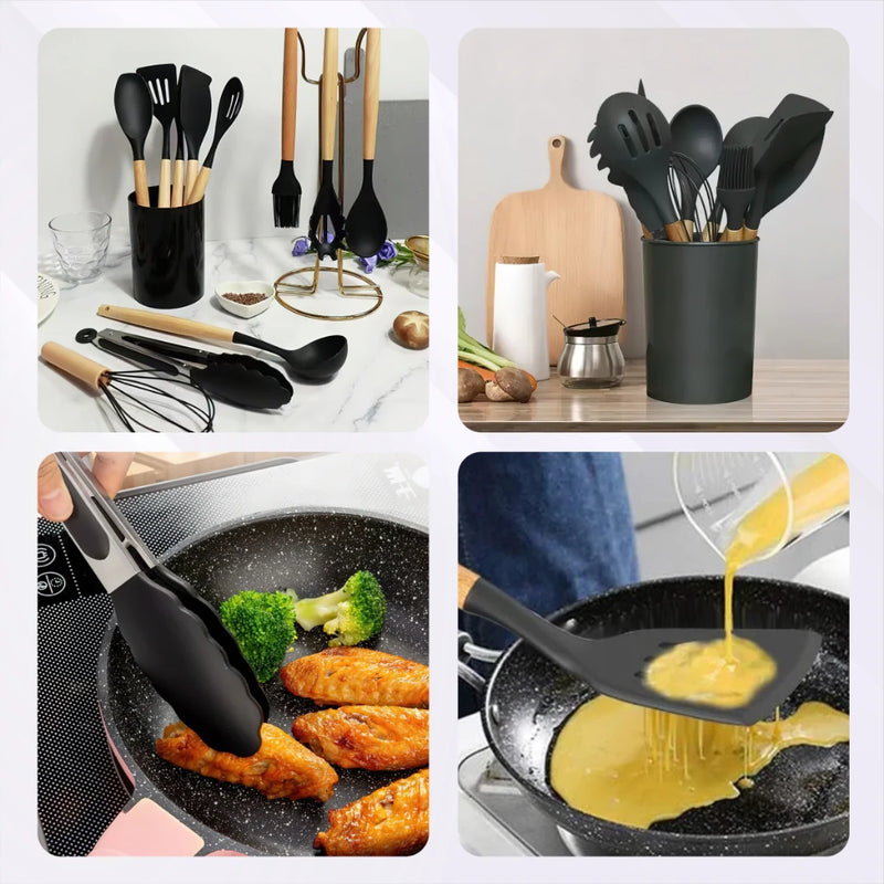 Conjunto de 11 Utensílios de Cozinha em Silicone e Madeira – EVREN