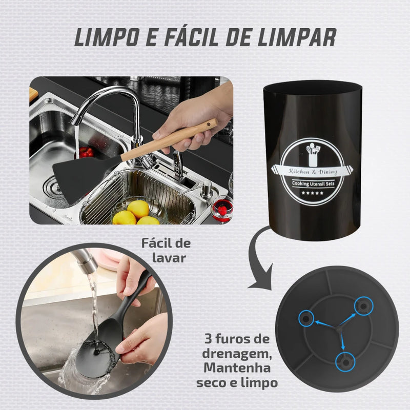 Conjunto de 11 Utensílios de Cozinha em Silicone e Madeira – EVREN
