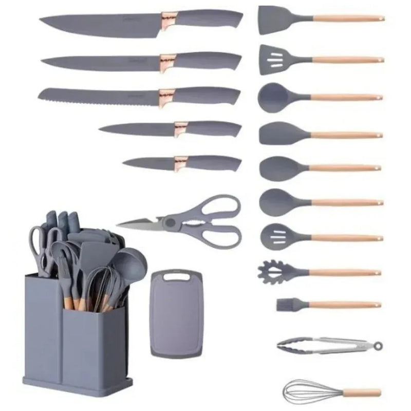 Kit de Utensílios de Cozinha Completo 19 Peças – Silicone Premium com Facas, Espátulas, Tábua e Mais | Ideal para Presentes e Organização - EVREN