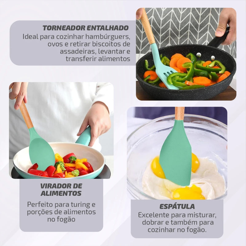 Conjunto de 11 Utensílios de Cozinha em Silicone e Madeira – EVREN