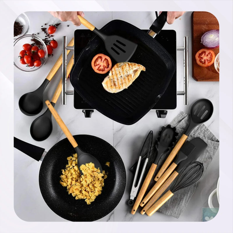 Conjunto de 11 Utensílios de Cozinha em Silicone e Madeira – EVREN