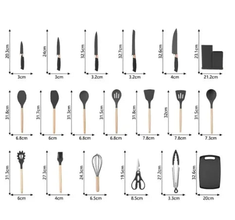 Kit de Utensílios de Cozinha Completo 19 Peças – Silicone Premium com Facas, Espátulas, Tábua e Mais | Ideal para Presentes e Organização - EVREN