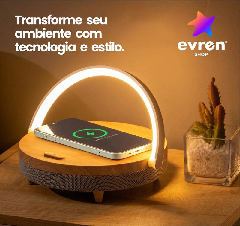 (4 em 1) Carregador wireless de 10w com caixa de som por bluetooth, luz noturna e apoio para celular - EVREN