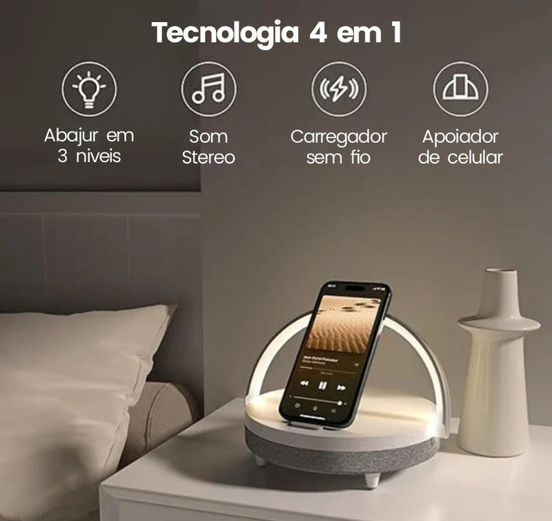 (4 em 1) Carregador wireless de 10w com caixa de som por bluetooth, luz noturna e apoio para celular - EVREN