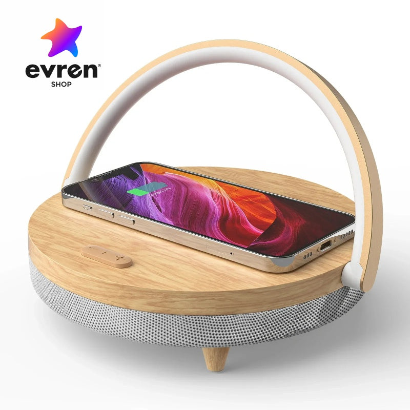 (4 em 1) Carregador wireless de 10w com caixa de som por bluetooth, luz noturna e apoio para celular - EVREN