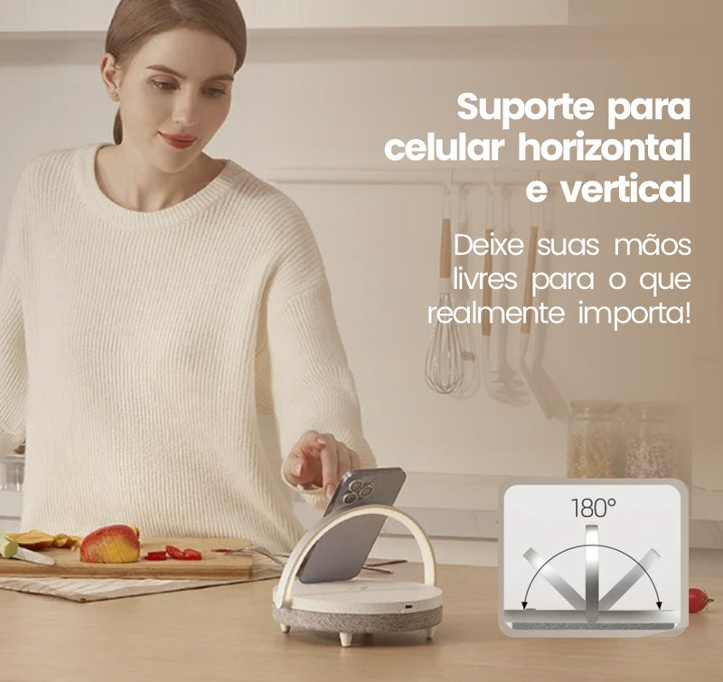 (4 em 1) Carregador wireless de 10w com caixa de som por bluetooth, luz noturna e apoio para celular - EVREN