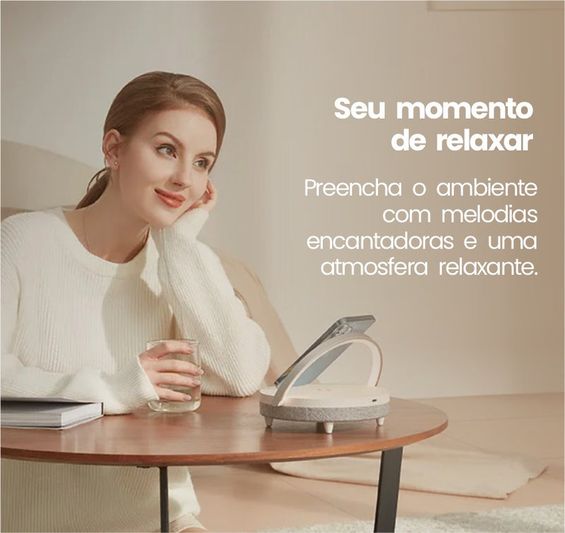 (4 em 1) Carregador wireless de 10w com caixa de som por bluetooth, luz noturna e apoio para celular - EVREN