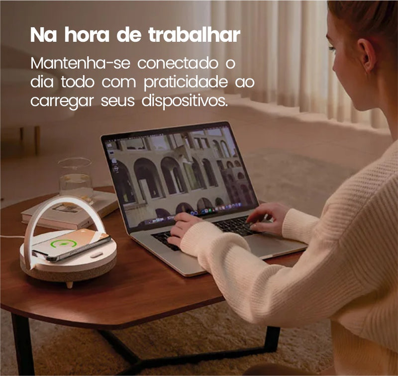 (4 em 1) Carregador wireless de 10w com caixa de som por bluetooth, luz noturna e apoio para celular - EVREN