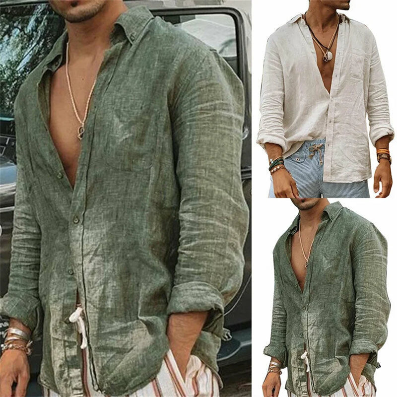 Camisa masculina 2025 em algodão e linho | Manga longa, gola mandarin, estilo casual e confortável para primavera e outono - EVREN