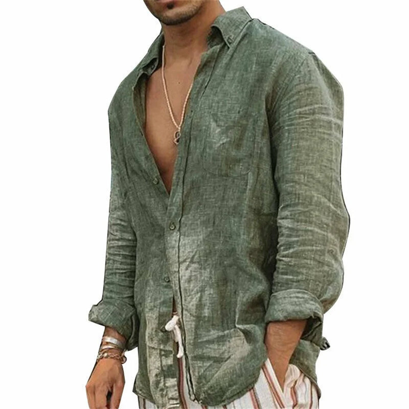 Camisa masculina 2025 em algodão e linho | Manga longa, gola mandarin, estilo casual e confortável para primavera e outono - EVREN