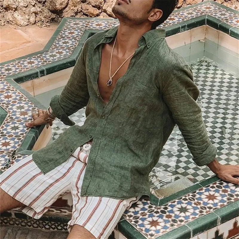 Camisa masculina 2025 em algodão e linho | Manga longa, gola mandarin, estilo casual e confortável para primavera e outono - EVREN