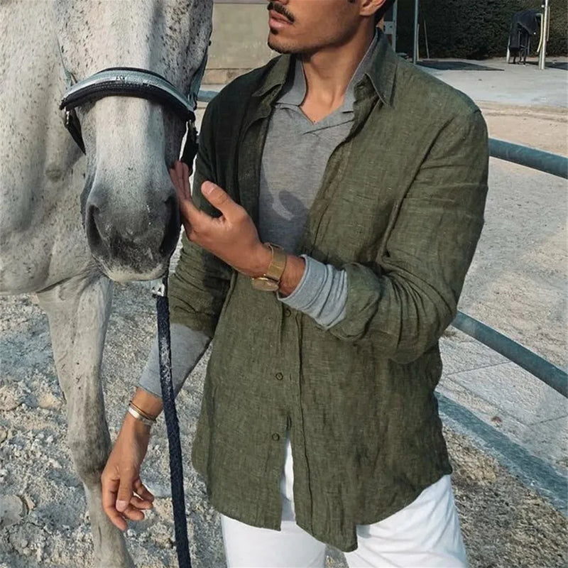 Camisa masculina 2025 em algodão e linho | Manga longa, gola mandarin, estilo casual e confortável para primavera e outono - EVREN