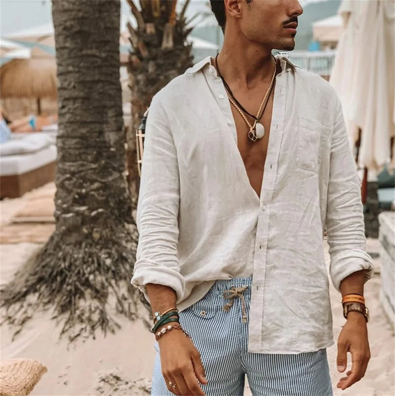Camisa masculina 2025 em algodão e linho | Manga longa, gola mandarin, estilo casual e confortável para primavera e outono - EVREN
