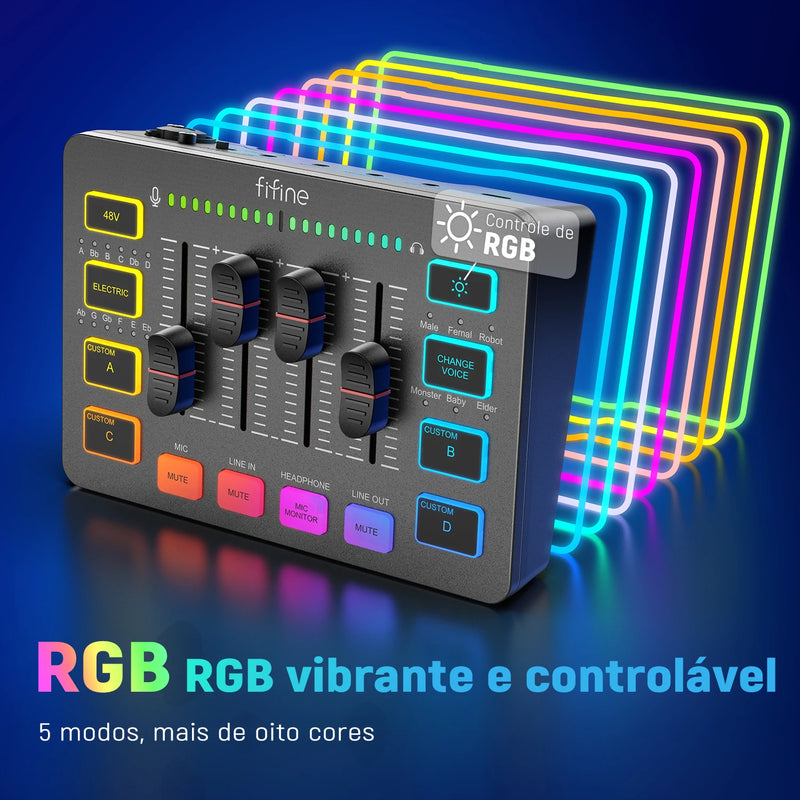 Mixer de Áudio FIFINE SC3 RGB | 4 Canais com Interface XLR para Microfone, Ideal para Streaming, Podcasts e Games - EVREN
