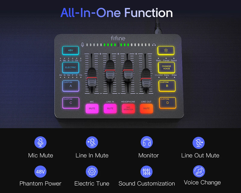 Mixer de Áudio FIFINE SC3 RGB | 4 Canais com Interface XLR para Microfone, Ideal para Streaming, Podcasts e Games - EVREN