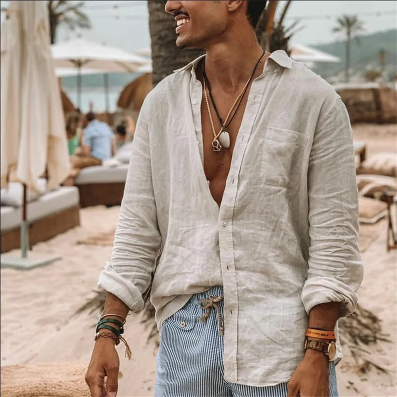 Camisa masculina 2025 em algodão e linho | Manga longa, gola mandarin, estilo casual e confortável para primavera e outono - EVREN