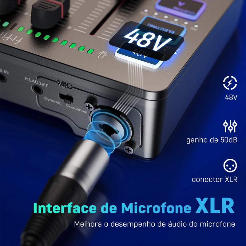 Mixer de Áudio FIFINE SC3 RGB | 4 Canais com Interface XLR para Microfone, Ideal para Streaming, Podcasts e Games - EVREN
