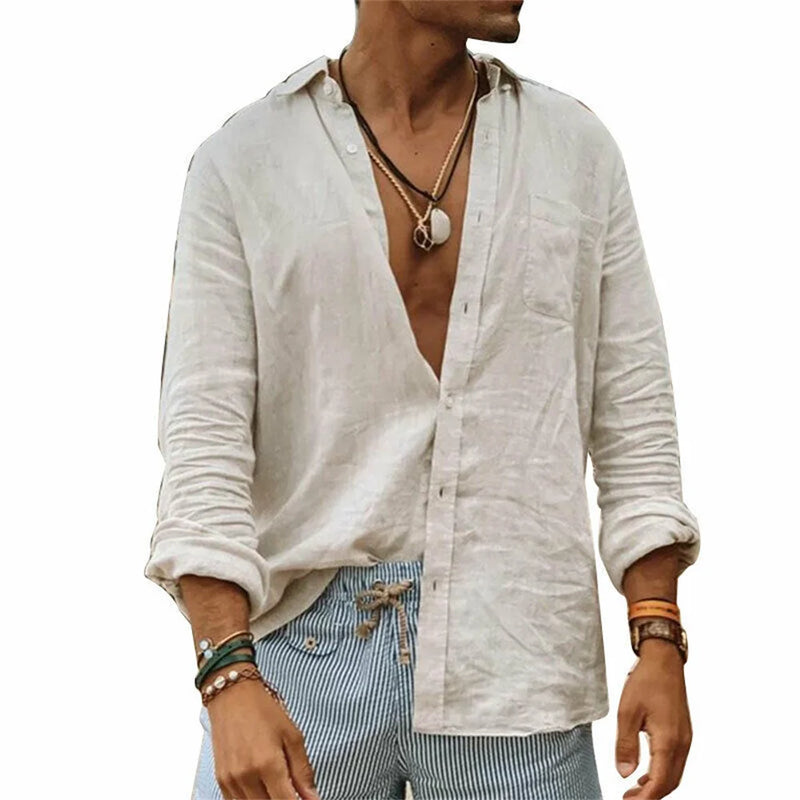 Camisa masculina 2025 em algodão e linho | Manga longa, gola mandarin, estilo casual e confortável para primavera e outono - EVREN