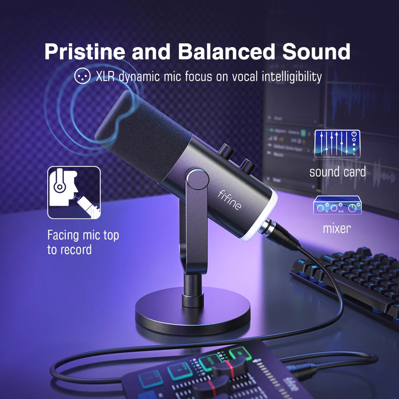 Microfone Dinâmico FIFINE AM8 USB/XLR RGB p/ Streaming e Gaming - EVREN