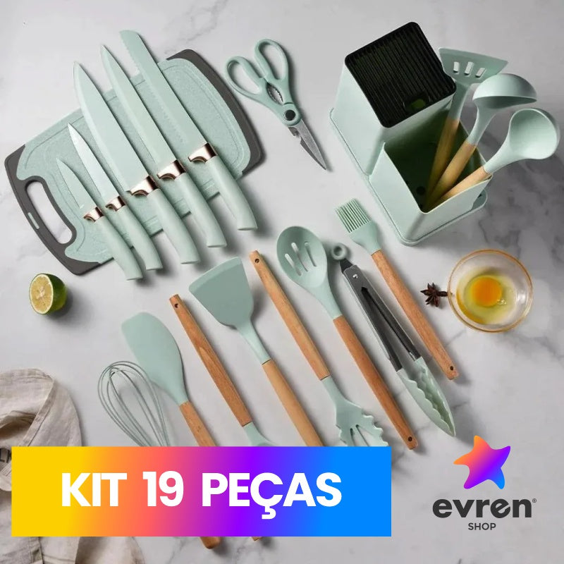 Kit de Utensílios de Cozinha Completo 19 Peças – Silicone Premium com Facas, Espátulas, Tábua e Mais | Ideal para Presentes e Organização - EVREN