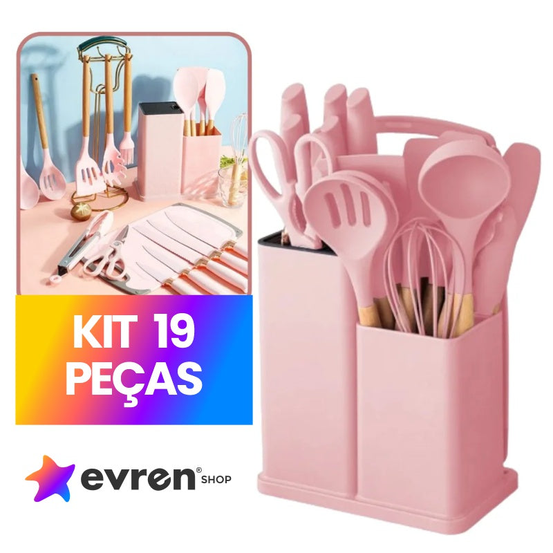 Kit de Utensílios de Cozinha Completo 19 Peças – Silicone Premium com Facas, Espátulas, Tábua e Mais | Ideal para Presentes e Organização - EVREN