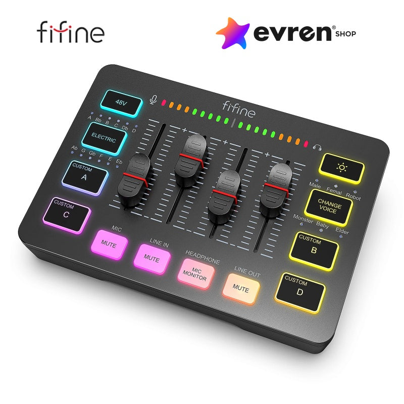 Mixer de Áudio FIFINE SC3 RGB | 4 Canais com Interface XLR para Microfone, Ideal para Streaming, Podcasts e Games - EVREN