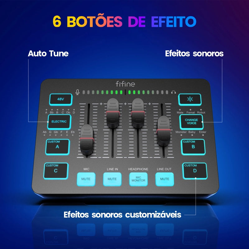 Mixer de Áudio FIFINE SC3 RGB | 4 Canais com Interface XLR para Microfone, Ideal para Streaming, Podcasts e Games - EVREN