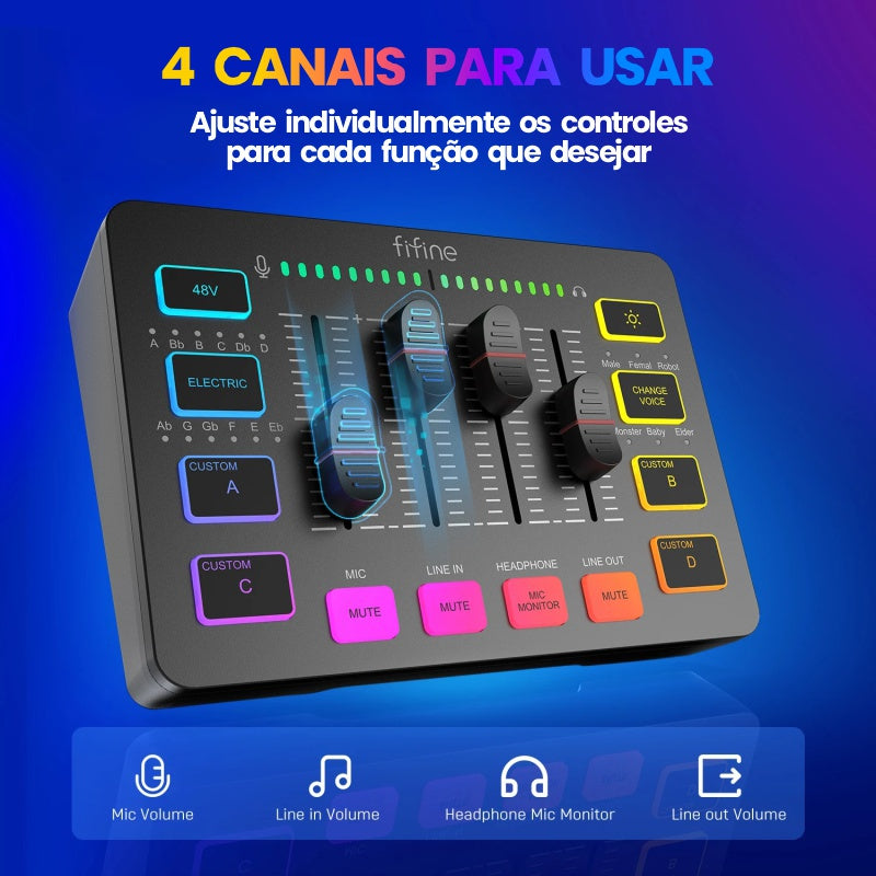 Mixer de Áudio FIFINE SC3 RGB | 4 Canais com Interface XLR para Microfone, Ideal para Streaming, Podcasts e Games - EVREN
