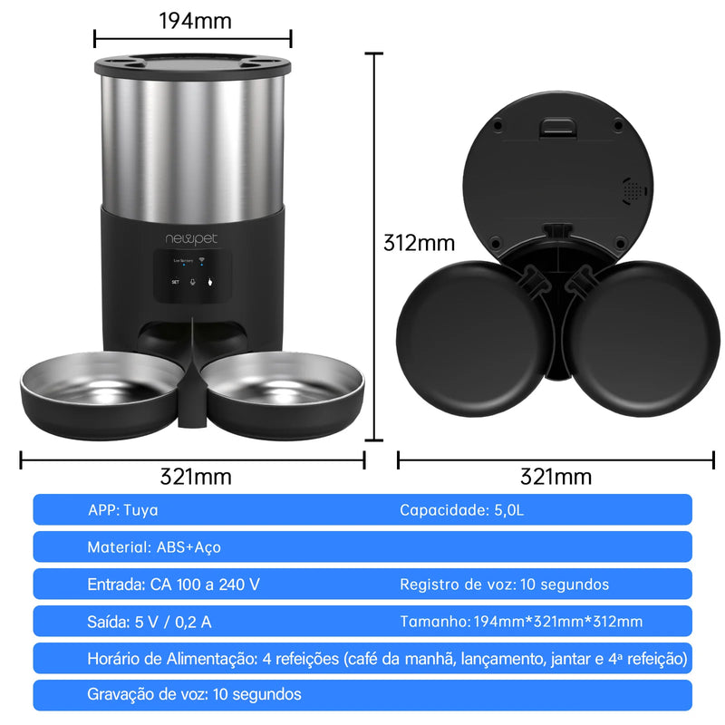 Alimentador automático inteligente 5L com Wi-Fi | Tigela inox, controle por APP, gravação de voz e alimentação programável para cães e gatos - EVREN