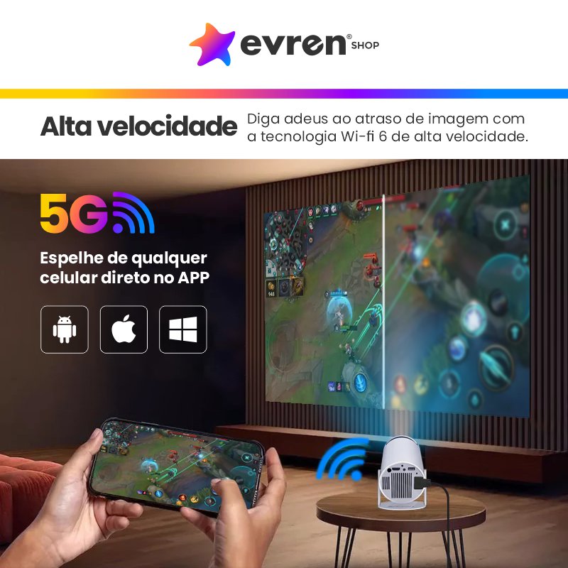 Projetor portátil Magic Cube | Projeção 4K, AndroidTV 11.0 e Som Integrado - EVREN
