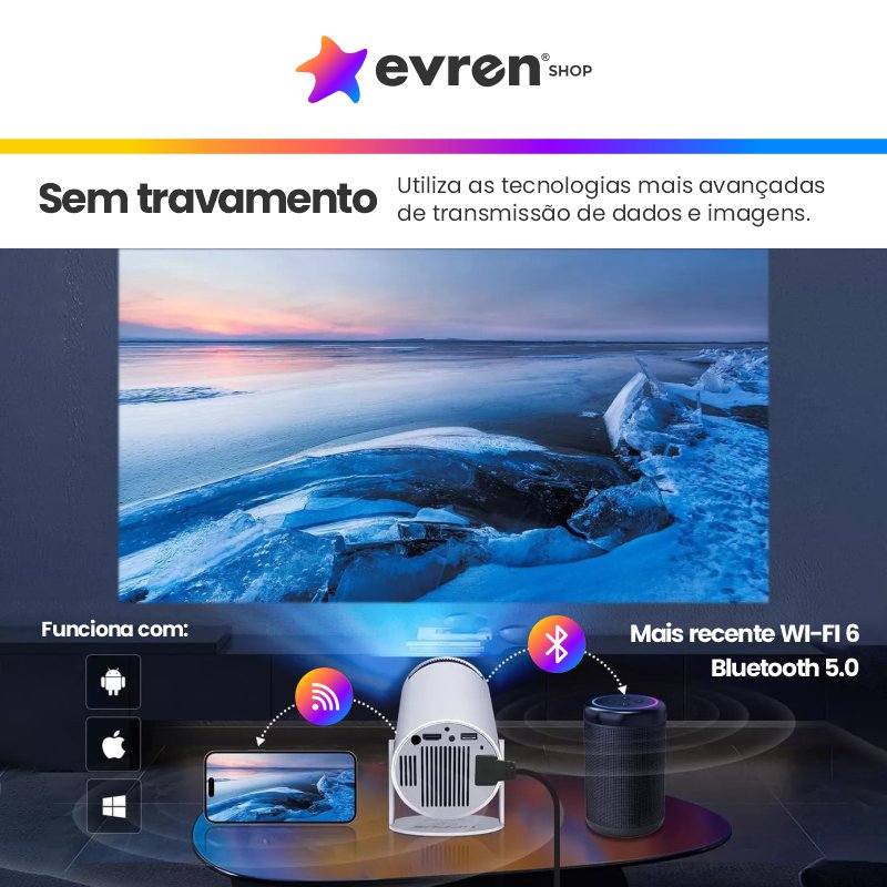 Projetor portátil Magic Cube | Projeção 4K, AndroidTV 11.0 e Som Integrado - EVREN