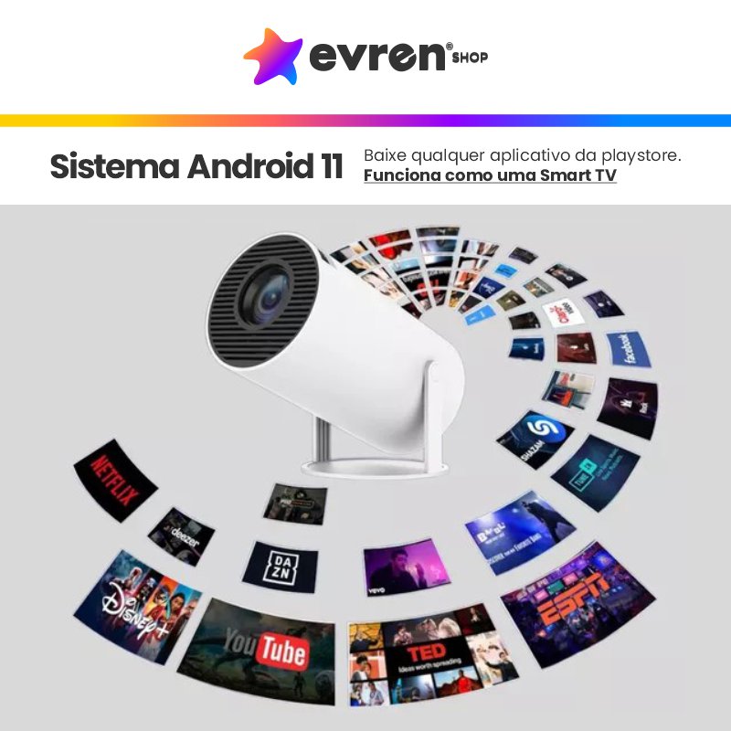 Projetor portátil Magic Cube | Projeção 4K, AndroidTV 11.0 e Som Integrado - EVREN