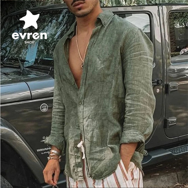 Camisa masculina 2025 em algodão e linho | Manga longa, gola mandarin, estilo casual e confortável para primavera e outono - EVREN
